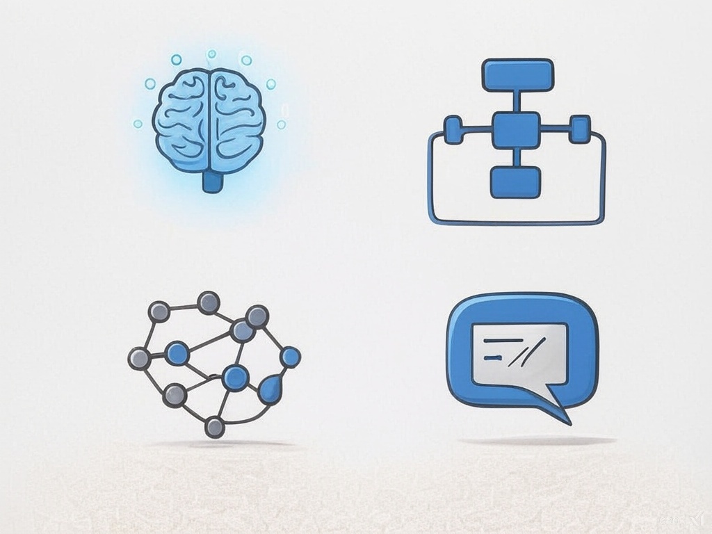 Icons representing AI concepts like machine learning and neural networks