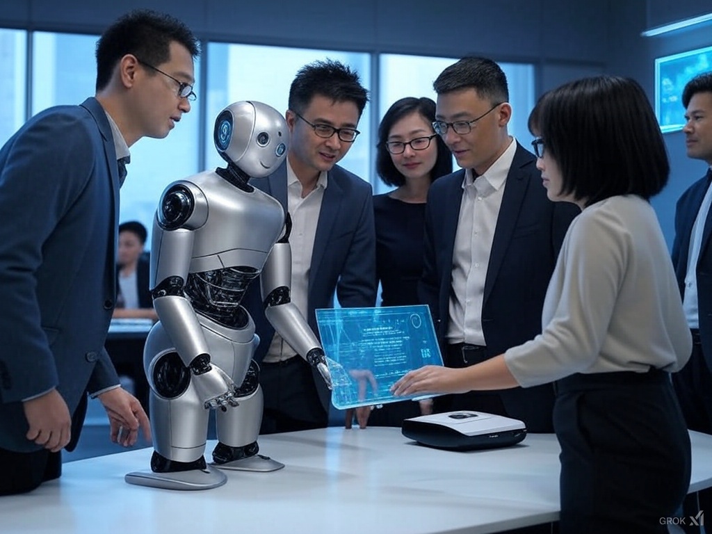 AI in business concept with futuristic office and digital interfaces
